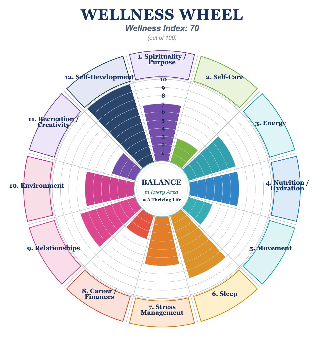 Wellness wheel diagram showing 12 life areas: Spirituality, Self-Care, Energy, Nutrition, Movement, Sleep, Stress Management, Career, Relationships, Environment, Recreation, and Self-Development with BALANCE at the center